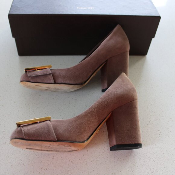Gucci Brown/Mauve Suede Buckle Detail Block Heel Pump - Picture 3 of 3